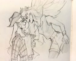 Size: 2048x1628 | Tagged: safe, artist:kameko_mikan, imported from derpibooru, applejack, rainbow dash, human, equestria girls, appledash, applejack's hat, belt, clothes, cowboy hat, female, flying, hat, hoodie, imminent kissing, lesbian, plaid shirt, ponied up, shipping, shirt, sketch, sleeveless, sleeveless hoodie, traditional art, wings, wristband