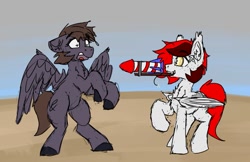 Size: 1035x671 | Tagged: safe, artist:reddthebat, imported from derpibooru, oc, oc only, oc:aliceg, oc:reddthebat, bat pony, pegasus, pony, 4th of july, bat pony oc, duo, female, fireworks, holiday, mare, mouth hold, rearing, this will end in death, unusual pupils