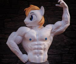 Size: 2048x1707 | Tagged: safe, artist:dashie116, imported from derpibooru, oc, oc only, oc:atom quanto, anthro, earth pony, 3d, abs, anthro oc, armpits, biceps, bodybuilder, clothes, daz studio, deltoids, earth pony oc, flexing, looking sideways, male, male nipples, muscles, muscular male, nipples, nudity, pecs, solo, technicolor nipples, teenager, triceps