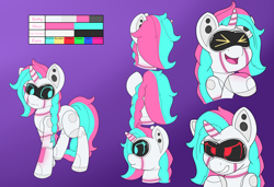 Size: 6640x4544 | Tagged: safe, artist:gnashie, imported from derpibooru, oc, oc only, oc:cyber rose, pony, robot, robot pony, unicorn, angry, horn, laughing, lights, microphone, open mouth, reference sheet, screen, simple background, unicorn oc