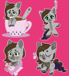 Size: 1920x2126 | Tagged: safe, artist:t0r4ch4n, imported from derpibooru, oc, oc only, oc:cj vampire, earth pony, pony, arrow, blushing, bust, chibi, commission, cup, ears up, fanart, heart, keychain, looking at you, looking up, looking up at you, portrait, simple background, smiling, solo, teacup, ych result, your character here