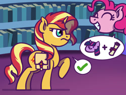 Size: 1800x1350 | Tagged: safe, artist:flutterluv, imported from derpibooru, part of a set, pinkie pie, sunset shimmer, twilight sparkle, earth pony, pony, unicorn, atg 2022, dialogue, duo, newbie artist training grounds, part of a series, speech bubble