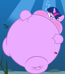 Size: 2054x2343 | Tagged: safe, artist:navitaserussirus, imported from derpibooru, twilight sparkle, fish, pony, unicorn, blushing, body inflation, bubble, inflation, puffy cheeks, show accurate, solo, swollen, underwater, unicorn twilight, water