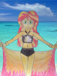Size: 1280x1707 | Tagged: safe, artist:spongebronyph, imported from derpibooru, sunset shimmer, human, equestria girls, beach, beach shorts swimsuit, belly button, clothes, deviantart watermark, obtrusive watermark, sarong, sunset shimmer swimsuit, sunset shimmer's beach shorts swimsuit, swimsuit, traditional art, watermark