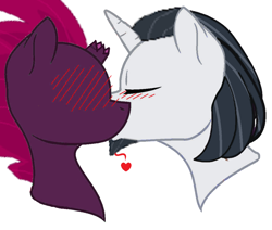 Size: 970x823 | Tagged: safe, artist:decokenite, artist:zoruathewolf1, imported from derpibooru, chancellor neighsay, fizzlepop berrytwist, tempest shadow, pony, unicorn, base used, blushing, cheek kiss, duo, female, head only, heart, kiss on the lips, kissing, male, mare, no eyes, shipping, simple background, stallion, straight, tempest neighsay, white background