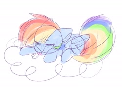 Size: 2278x1639 | Tagged: safe, artist:lbrcloud, imported from derpibooru, rainbow dash, pegasus, pony, cloud, eyes closed, lying down, on a cloud, prone, simple background, solo, tongue out, white background