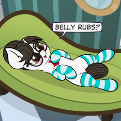 Size: 4726x4725 | Tagged: safe, alternate version, artist:veeayydee, imported from derpibooru, raven, pony, unicorn, belly button, bellyrub request, bellyrubs, blushing, clothes, commission, couch, cute, cuteness overload, dialogue, ear fluff, female, glasses, hair bun, high res, horn, looking at you, looking back, looking back at you, lying down, mare, necktie, on back, open mouth, open smile, ravenbetes, secretary, smiling, socks, solo, striped socks, ych result
