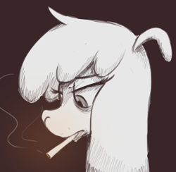 Size: 604x589 | Tagged: safe, artist:hitsuji, imported from derpibooru, alpaca, them's fightin' herds, black and white, cigarette, community related, grayscale, monochrome, paprika (tfh), sad, smoking, solo