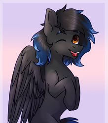 Size: 1320x1508 | Tagged: safe, artist:lambydwight, imported from derpibooru, oc, oc:shadowguy, pegasus, pony, male, one eye closed, open mouth, open smile, pegasus oc, simple background, smiling, solo, stallion, wink