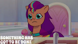 Size: 1280x720 | Tagged: safe, edit, edited screencap, editor:quoterific, imported from derpibooru, screencap, sunny starscout, earth pony, pony, spoiler:g5, spoiler:my little pony: tell your tale, spoiler:tyts01e04, female, g5, mane stripe sunny, mare, my little pony: tell your tale, nightmare roommate, solo, text