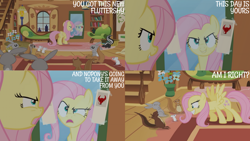 Size: 1280x720 | Tagged: safe, edit, edited screencap, editor:quoterific, imported from derpibooru, screencap, fluttershy, ferret, mouse, pegasus, pony, rabbit, skunk, squirrel, putting your hoof down, season 2, animal, eyes closed, female, fluttershy's cottage, grin, mare, mirror, open mouth, scared, smiling, spread wings, text, wings