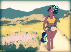 Size: 1600x1156 | Tagged: safe, artist:halcy0n, artist:haley bird, imported from derpibooru, oc, oc only, oc:sapphire star, anthro, unguligrade anthro, breasts, casual, female, midriff, mountain, muscles, scenery, solo