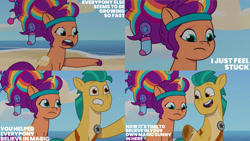 Size: 1280x720 | Tagged: safe, edit, edited screencap, editor:quoterific, imported from derpibooru, screencap, hitch trailblazer, sunny starscout, alicorn, earth pony, pony, spoiler:g5, spoiler:my little pony: tell your tale, spoiler:tyts01e14, alicorn issues, beach, duo, female, g5, male, mare, my little pony: tell your tale, open mouth, open smile, race swap, smiling, stallion, sunnycorn, text