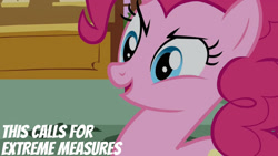 Size: 1280x720 | Tagged: safe, edit, edited screencap, editor:quoterific, imported from derpibooru, screencap, pinkie pie, earth pony, pony, griffon the brush off, season 1, female, mare, open mouth, open smile, smiling, solo, sugarcube corner, text