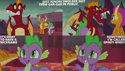 Size: 1280x720 | Tagged: safe, edit, edited screencap, editor:quoterific, imported from derpibooru, screencap, garble, smolder, spike, dragon, season 9, sweet and smoky, spoiler:s09, dragoness, female, male, open mouth, open smile, smiling, text, trio, winged spike, wings