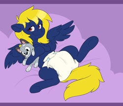 Size: 2048x1770 | Tagged: safe, artist:cuddlehooves, imported from derpibooru, oc, oc:naveen numbers, pegasus, pony, bluey, diaper, diaper fetish, fetish, holding, muffin heeler, non-baby in diaper, poofy diaper, simple background, solo