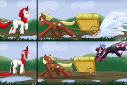Size: 4500x3000 | Tagged: safe, artist:cainesart, imported from derpibooru, oc, oc only, oc:petal pyre, earth pony, kirin, nirik, pony, ..., angry, comic, earth pony oc, female, hay bale, kirin oc, leaping, male, puddle, revenge, soaked, splash, transformation, turnaround, wagon