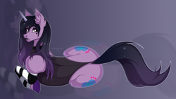 Size: 3000x1690 | Tagged: safe, artist:shchavel, imported from derpibooru, izzy moonbow, pony, unicorn, both cutie marks, butt, clothes, ear fluff, fanart, female, g5, goth, goth izzy, goth pony, horn, leotard, lipstick, lying, lying down, my little pony: a new generation, on side, plot, solo, thong leotard, underhoof