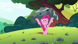 Size: 1280x720 | Tagged: safe, imported from derpibooru, screencap, pinkie pie, maud pie (episode), grin, lifting, rock, smiling, solo