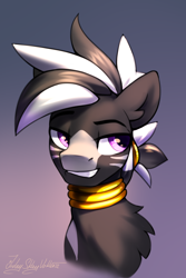 Size: 2000x3000 | Tagged: safe, artist:jedayskayvoker, imported from derpibooru, oc, oc:midnight rambler, zebra, bust, chest fluff, colored, colored sketch, eyebrows, full color, gold, gradient background, icon, jewelry, male, neck rings, necklace, portrait, sketch, solo, stallion