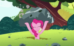 Size: 540x340 | Tagged: safe, imported from derpibooru, screencap, pinkie pie, earth pony, pony, maud pie (episode), animated, female, lifting, mare, rock, solo