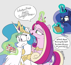 Size: 2979x2706 | Tagged: safe, artist:icey, imported from derpibooru, princess cadance, princess celestia, princess luna, queen chrysalis, alicorn, pony, cake, cakelestia, clipboard, dialogue, disguise, disguised changeling, fake cadance, female, food, glasses, glowing, glowing horn, gray background, high res, horn, magic, pure unfiltered evil, simple background, speech bubble, sweat, sweatdrop, telekinesis, tongue out, trio, trio female, wavy mouth
