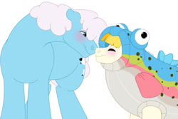 Size: 1280x854 | Tagged: safe, artist:itstechtock, imported from derpibooru, cottonflock, pony, rainbow roadtrip, gay, male, nuzzling, rainbow trout (g4), simple background, white background
