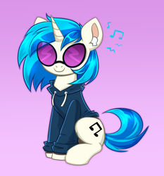 Size: 2204x2368 | Tagged: safe, artist:confetticakez, imported from derpibooru, dj pon-3, vinyl scratch, pony, unicorn, airpods, clothes, cute, female, gradient background, happy, hoodie, looking at you, mare, music notes, purple background, simple background, sitting, smiling, solo, sunglasses, vinyl's glasses, vinylbetes