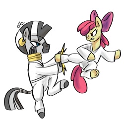 Size: 1000x1000 | Tagged: safe, artist:dubudrops, imported from derpibooru, apple bloom, zecora, earth pony, pony, zebra, female, filly, foal, karate, mare, simple background, training, white background
