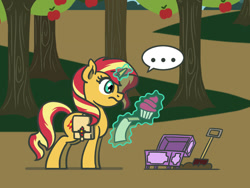 Size: 1800x1350 | Tagged: safe, artist:flutterluv, imported from derpibooru, part of a set, sunset shimmer, pony, unicorn, ..., atg 2022, bag, cupcake, food, newbie artist training grounds, part of a series, saddle bag, shovel, solo, treasure chest