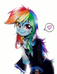 Size: 2100x2712 | Tagged: safe, artist:liaaqila, imported from derpibooru, rainbow dash, human, equestria girls, clothes, cute, dashabetes, eye clipping through hair, female, heart, high res, looking at you, pictogram, robe, scarf, simple background, smiling, smiling at you, solo, speech bubble, traditional art, watercolor painting, white background