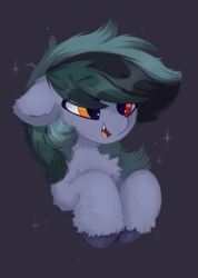 Size: 429x601 | Tagged: safe, artist:flixanoa, imported from derpibooru, oc, oc only, oc:scrimmy, bat pony, pony, bat pony oc, chest fluff, cute, ear fluff, fangs, fluffy, front view, gift art, gray background, half body, heterochromia, male, open mouth, pony oc, simple background, smiling, solo, sparkles, upper body