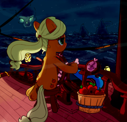 Size: 1734x1657 | Tagged: safe, artist:fipoki, imported from derpibooru, applejack, earth pony, pony, alternate hairstyle, apple, bucket, crossover, female, food, mare, ocean, sea of thieves, ship, sitting, solo, steering wheel, water, windswept mane