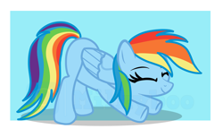 Size: 5811x3353 | Tagged: safe, artist:milkyboo898, imported from derpibooru, rainbow dash, pegasus, pony, abstract background, absurd resolution, ass up, eyes closed, female, folded wings, full body, hooves, mare, shadow, smiling, solo, stretching, tail, watermark, wings