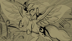 Size: 1600x900 | Tagged: safe, artist:darksly, imported from derpibooru, nightmare moon, alicorn, pony, angry, atg 2022, female, mare, monochrome, newbie artist training grounds, open mouth, rage, sketch, solo, spread wings, wings