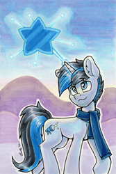 Size: 1795x2692 | Tagged: safe, artist:dandy, imported from derpibooru, oc, oc only, oc:solar gizmo, pony, unicorn, clothes, commission, copic, ear fluff, horn, magic, male, scarf, sky, solo, stars, traditional art, unicorn oc