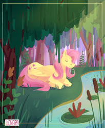Size: 3278x4000 | Tagged: safe, artist:lionaraarts, imported from derpibooru, fluttershy, pony, lying down, prone, reeds, solo, tree