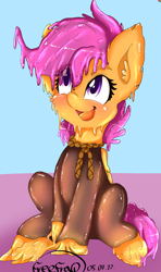 Size: 1776x2991 | Tagged: safe, artist:freefraq, imported from derpibooru, scootaloo, goo, goo pony, original species, blushing, cute, goo ponified, open mouth, open smile, sitting, smiling, solo, species swap