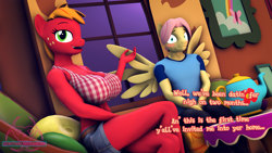 Size: 1920x1080 | Tagged: safe, artist:senthaurekmern, imported from derpibooru, part of a set, big macintosh, fluttershy, anthro, earth pony, pegasus, comic:butterscotch's first time, 3d, abs, belly, belly button, big breasts, blushing, breasts, busty macareina, butterreina, butterscotch, cleavage, clothes, commissioner:nerothewizard, couch, denim, denim shorts, dialogue, female, fluttermac, fluttershy's cottage, fluttershy's cottage (interior), looking at someone, looking away, looking up, macareina, male, midriff, open mouth, open smile, pants, pillow, rule 63, shipping, shirt, shoes, shorts, shrunken pupils, sitting, smiling, source filmmaker, spread wings, straight, t-shirt, teapot, thighs, window, wingboner, wings