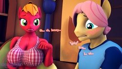 Size: 1920x1080 | Tagged: safe, artist:senthaurekmern, imported from derpibooru, part of a set, big macintosh, fluttershy, anthro, earth pony, pegasus, comic:butterscotch's first time, 3d, abs, big breasts, blushing, book, bookshelf, breasts, busty macareina, butterreina, butterscotch, cleavage, clothes, commissioner:nerothewizard, couch, dialogue, female, fluttermac, fluttershy's cottage, fluttershy's cottage (interior), food, looking at each other, looking at someone, looking down, macareina, male, midriff, nervous, pillow, rule 63, shipping, shirt, sitting, source filmmaker, straight, t-shirt, window