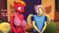 Size: 1920x1080 | Tagged: safe, artist:senthaurekmern, imported from derpibooru, part of a set, big macintosh, fluttershy, anthro, earth pony, pegasus, comic:butterscotch's first time, 3d, abs, belly, belly button, big breasts, blushing, breasts, busty macareina, butterreina, butterscotch, cleavage, clothes, commissioner:nerothewizard, couch, denim, denim shorts, dialogue, female, fluttermac, fluttershy's cottage, fluttershy's cottage (interior), looking at someone, macareina, male, midriff, open mouth, pants, pillow, rule 63, shipping, shirt, shorts, sitting, smiling, source filmmaker, straight, t-shirt, window