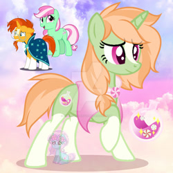 Size: 1280x1280 | Tagged: safe, artist:shiee-artopia223, imported from derpibooru, minty, sunburst, oc, oc:peppermint potion, pony, unicorn, pony town, blaze (coat marking), blonde, candy, cape, clothes, coat markings, facial markings, food, fusion, g4, green coat, peppermint, socks (coat markings), solo, watermark