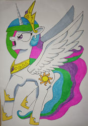Size: 2748x3926 | Tagged: safe, artist:aking, imported from derpibooru, princess celestia, alicorn, angry, open mouth, simple background, solo, spread wings, traditional art, white background, wings