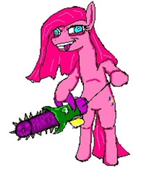 Size: 464x481 | Tagged: safe, artist:damset, imported from derpibooru, gummy, pinkie pie, earth pony, pony, 1000 hours in ms paint, bipedal, chainsaw, female, mare, ms paint, pinkamena diane pie, simple background, solo, tongue out, white background