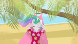 Size: 640x360 | Tagged: safe, artist:rumista, imported from derpibooru, princess celestia, alicorn, pony, between dark and dawn, season 9, spoiler:s09, animated, arm behind head, eyes closed, gif, hammock, palm tree, relaxing, solo, summer, tree
