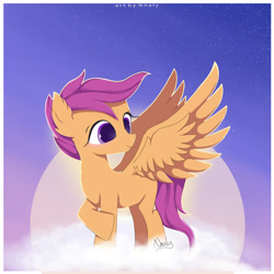 Size: 1280x1279 | Tagged: safe, artist:nnaly, imported from derpibooru, scootaloo, pegasus, pony, blushing, cloud, female, filly, foal, large wings, looking back, scootaloo can fly, smiling, solo, wings