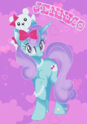 Size: 1080x1532 | Tagged: safe, artist:stacy_165cut, imported from derpibooru, oc, oc only, oc:jenni love, pony, unicorn, bow, bracelet, female, hair bow, heart, heart background, horn, jewelry, looking at you, mare, necklace, plushie, purple background, raised hoof, simple background, solo, teddy bear