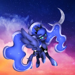 Size: 1080x1080 | Tagged: safe, artist:stacy_165cut, imported from derpibooru, princess luna, alicorn, pony, crescent moon, female, horn, jewelry, mare, moon, night, night sky, open mouth, regalia, sky, solo, spread wings, wings