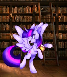 Size: 1080x1236 | Tagged: safe, artist:stacy_165cut, imported from derpibooru, twilight sparkle, alicorn, pony, book, bookshelf, female, hoof hold, hooves, horn, ladder, looking back, mare, open mouth, open smile, smiling, solo, spread wings, standing, standing on one leg, tail, twilight sparkle (alicorn), wings