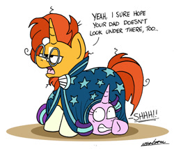 Size: 1024x876 | Tagged: safe, artist:bobthedalek, imported from derpibooru, starlight glimmer, sunburst, pony, unicorn, atg 2022, blaze (coat marking), cloak, clothes, coat markings, facial markings, female, glasses, hiding, implied firelight, male, mare, newbie artist training grounds, socks (coat markings), stallion, sunburst is not amused, sunburst's cloak, sunburst's glasses, unamused